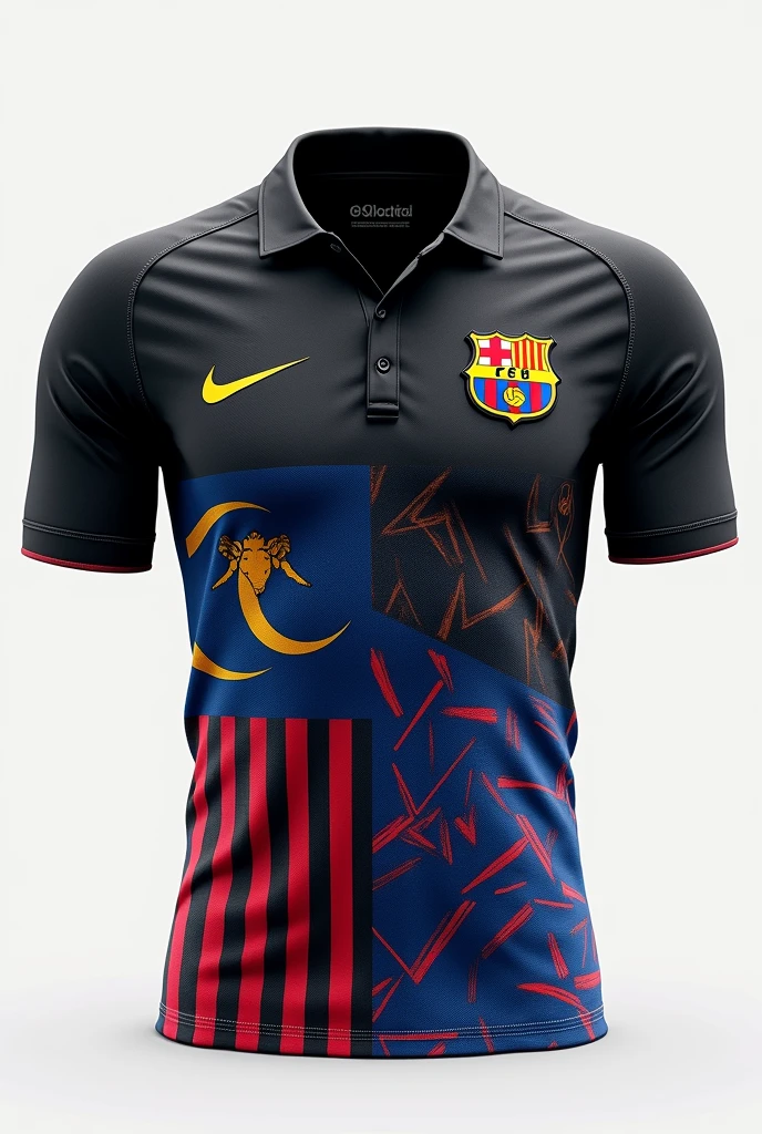 Make a black collared jersey with a blue and red malaysian pattern on the bottom + Barcelona soccer jersey + sut ironman.