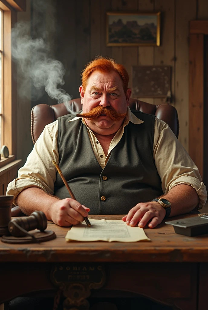Wild West, fat old red haired
Town mayor with Maustage in White Smoking behind a desk. Nö fullbeard
