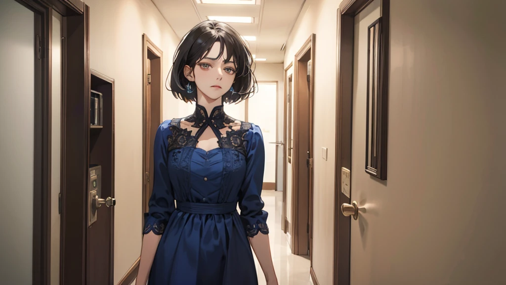 (very handsome: 1.2), 8 thousand, (masterpiece: 1.0), (best_quality: 1.0), 1 girl (alone), and intricate details, amplified textures, and intricate details, exquisite Eyes and delicate face, and intricate details, black hair, melancholy closed mouth, hazel eyes, tired eyes, equal eyes, Carolina eyes (human female) wearing blue dress, background ward Front door, hospital corridor, elevator, depth of field