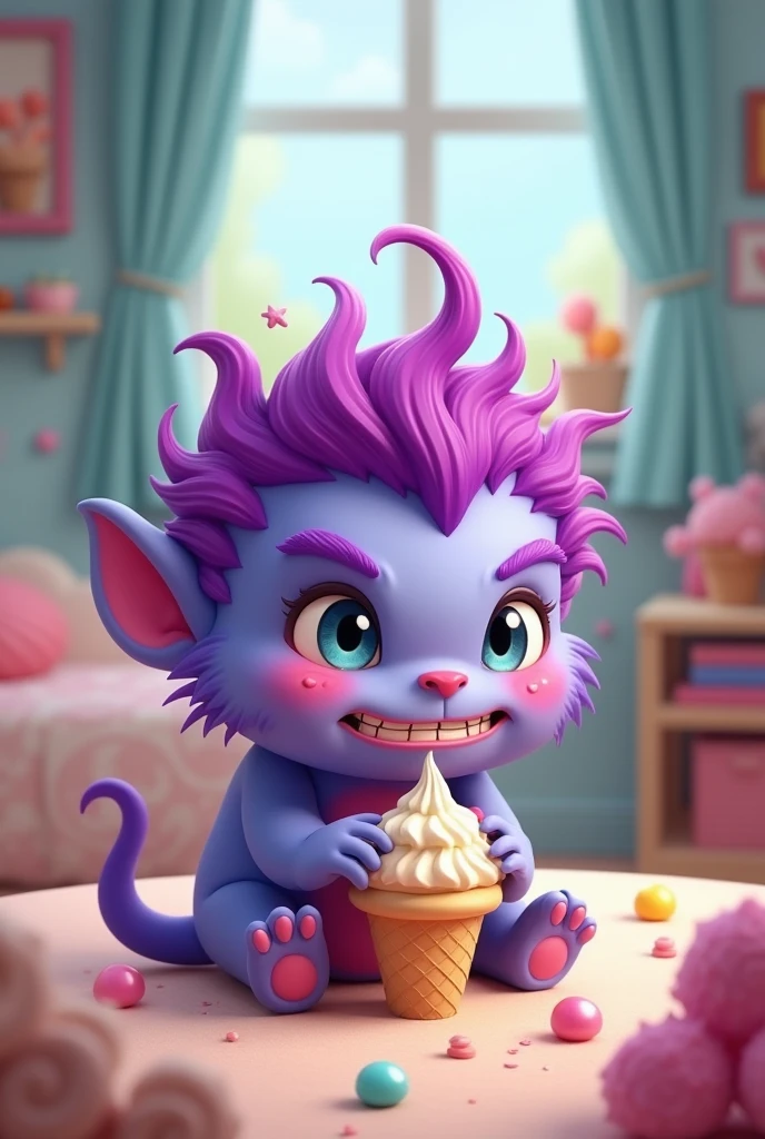 Cute little purple-haired monster refuses to swallow the ice cream