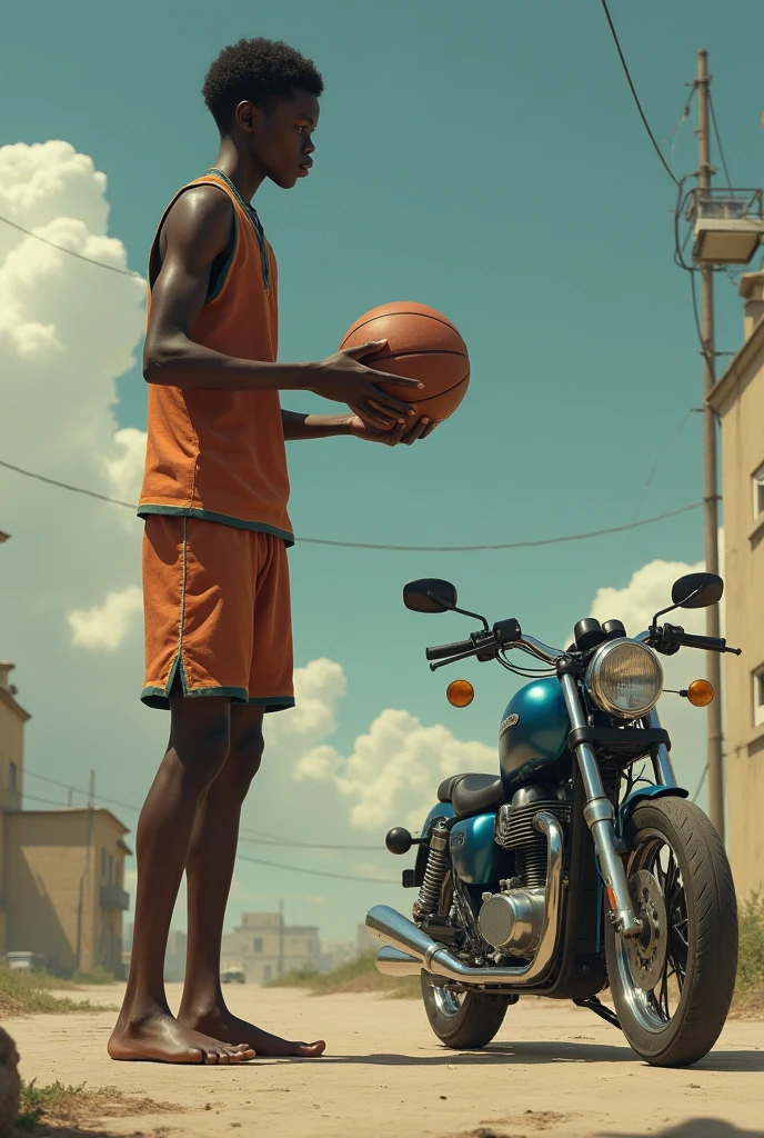 An image of a tall dark-skinned boy with short black hair playing basketball with a video game controller and a motorcycle