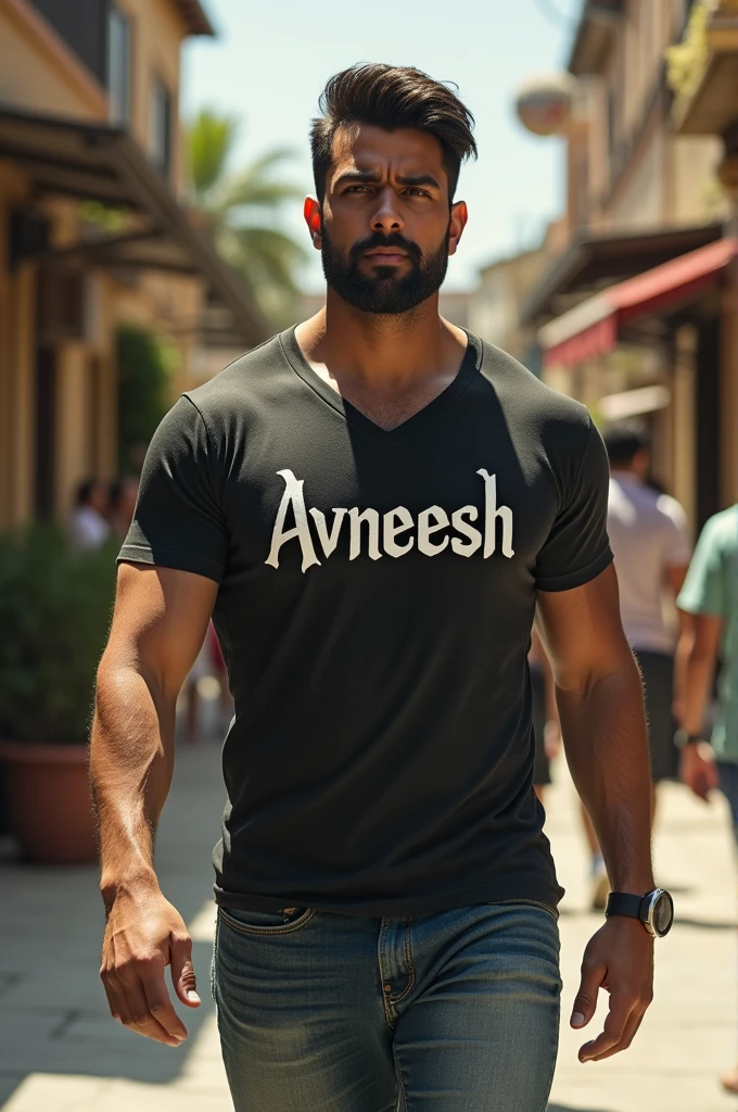 A man with tshirt named avneesh and muscular body and sexy beard walking in full swag