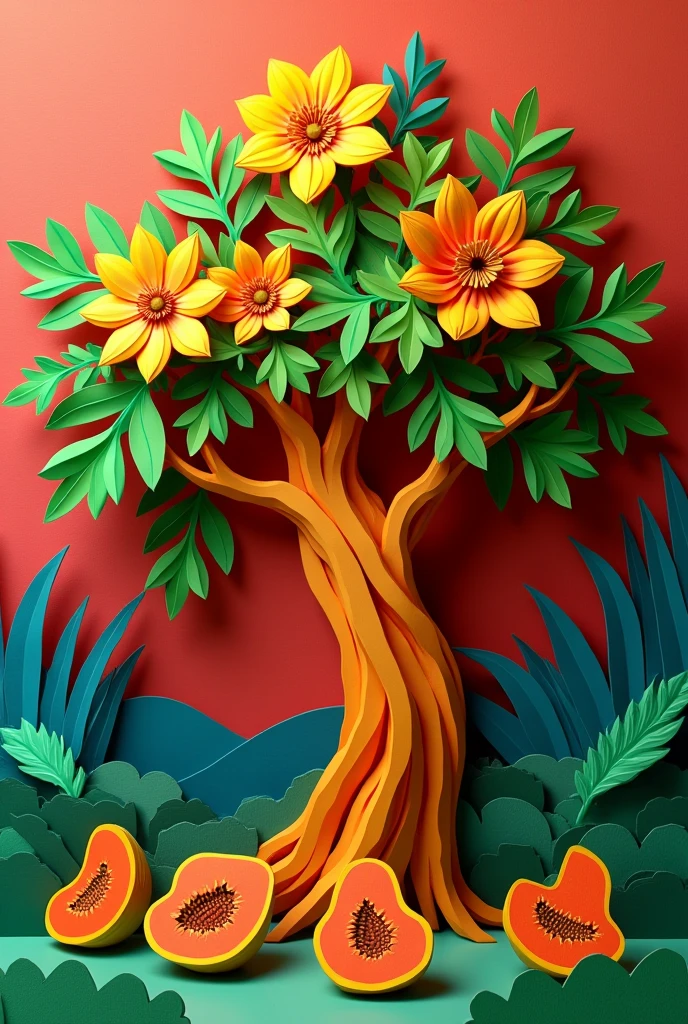 a papaya tree, masterpiece, all in three dimensional paper art、(Almond Shapes);1.9、(Three-dimensional paper-cut art.、colorful):1.9