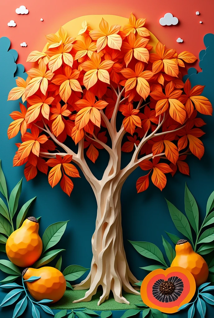 a papaya tree, masterpiece, all in three dimensional paper art、(Almond Shapes);1.9、(Three-dimensional paper-cut art.、colorful):1.9