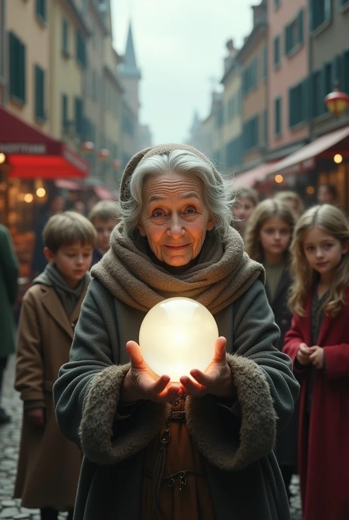 Old woman holding a small white crystal ball in the streets surrounded by children