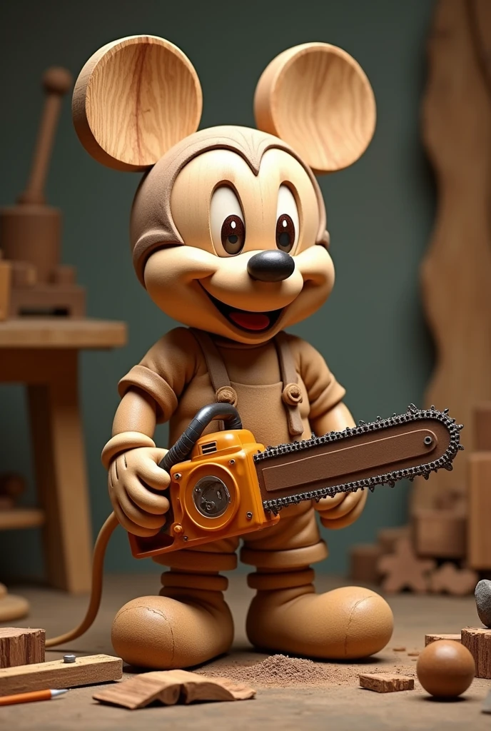 Un vrai Bebe surdouée crée une magnifique sculpture de Mickey, en bois, avec sa tronçonneuse de bébé. Le bébé est fier. caricature humoristique. Ecrire " Artiste surdoué "