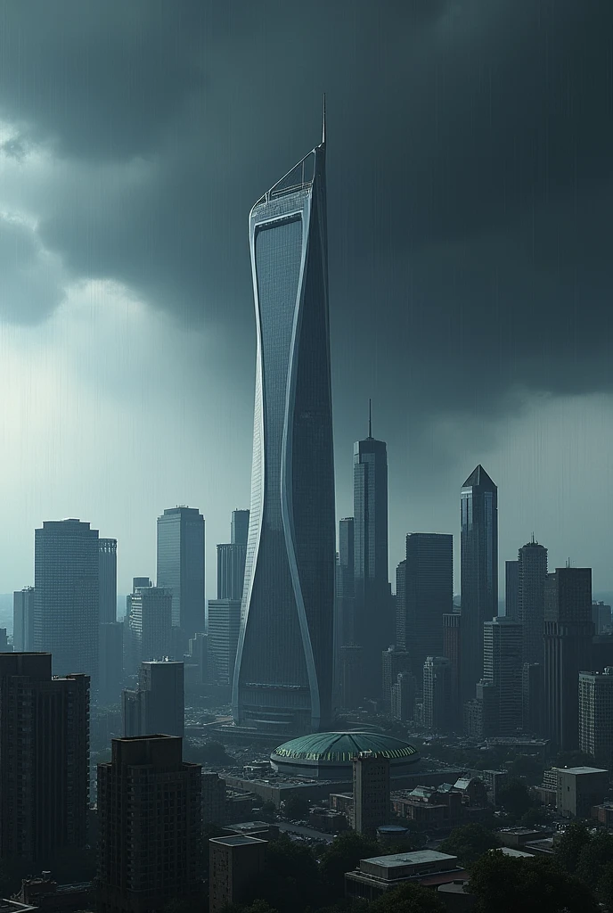 seattle city with, extra modern skyscraper and in the middle of one big skyscraper, sky is full of black clouds raining, in cinematic