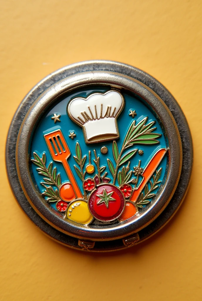 Create a round metallic pin with colorful kitchen or restaurant themed art in the center of the pin only