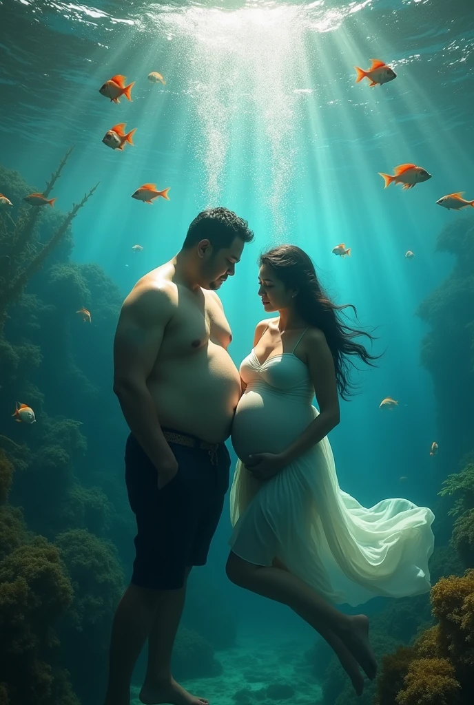 Couple, an Indonesian fat Man and slim Women maternity underwater, hyperrealistic, underwater reflection effect, underwater ecosystem