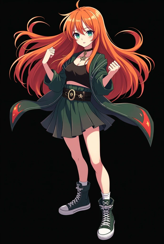 A full body image of an , personagem do anime "JUJUTSU KAİSEN", she is very beautiful, with long, straight, fire-colored hair with two white streaks highlighted in the front, framing your face. She has blue-green eyes and pale skin.. she is a Wiccan, she is in fighting pose. she wears a pentagram necklace, tight skirt, beautiful women's high-top shoes and ¾-long socks. It is drawn with animation by Gege Akutami.. black backdrop.