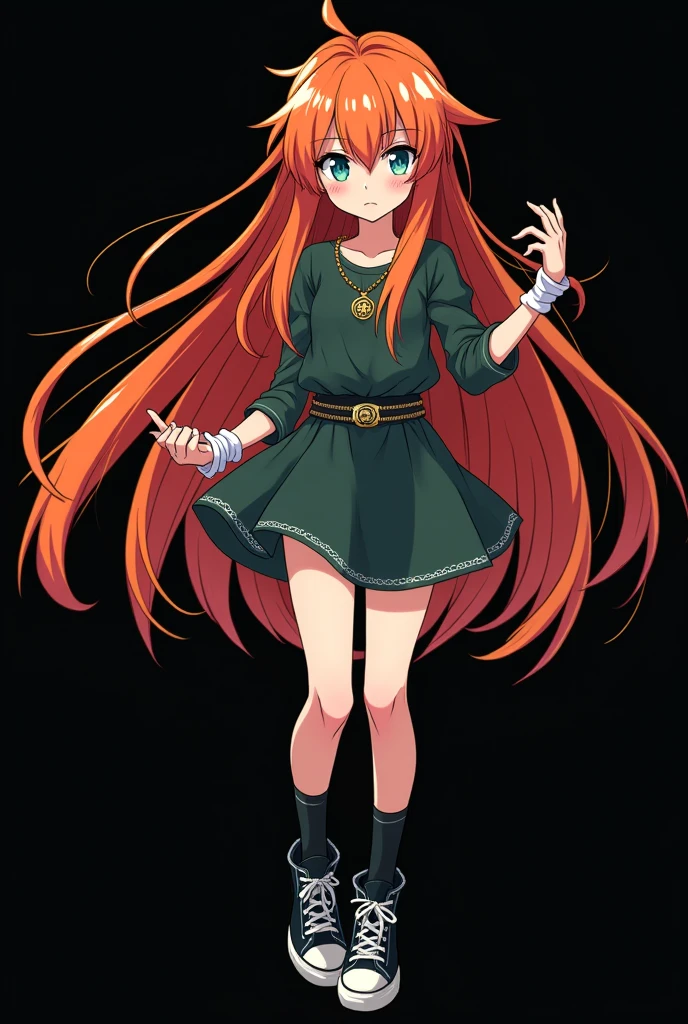 A full body image of an  child, personagem do anime "JUJUTSU KAİSEN", she is very beautiful, with long, straight, fire-colored hair with two white streaks highlighted in the front, framing your face. She has blue-green eyes and pale skin.. she is a Wiccan, she is in fighting pose. she wears a pentagram necklace, tight skirt, beautiful women&#39;s high-top shoes and ¾-long socks. It is drawn with animation by Gege Akutami.. black backdrop.