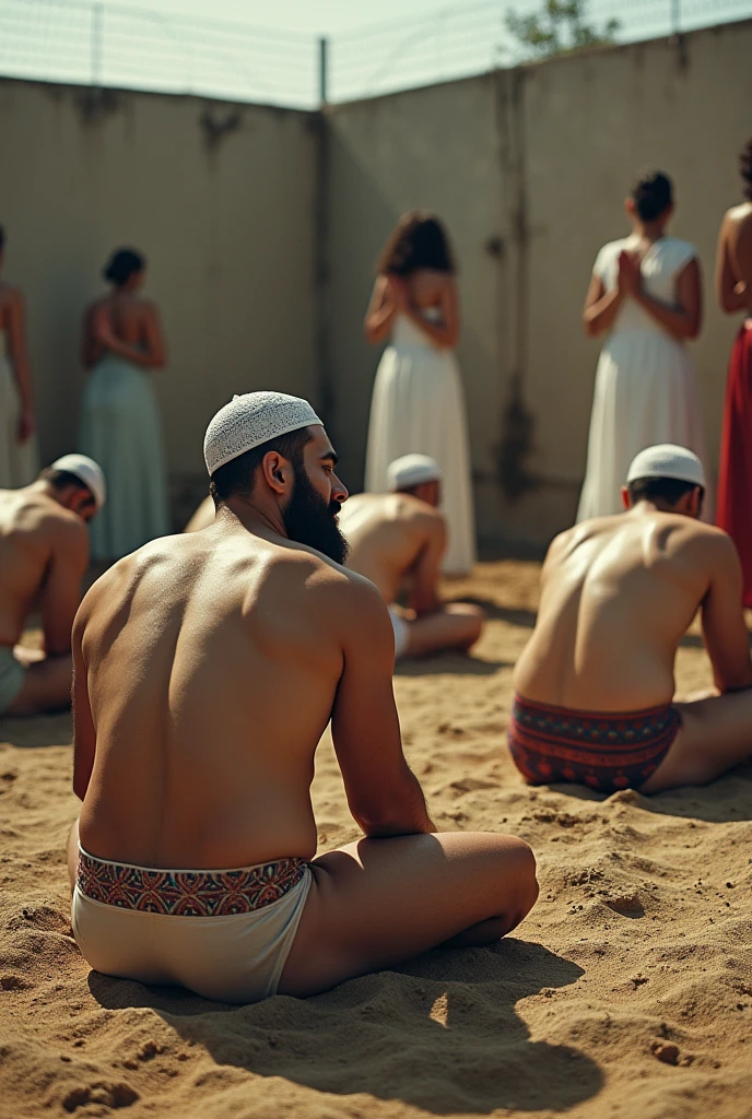 Strong, bearded Iranian men pray kneeling in their underwear and Islamic caps on their heads inside a plot of land and in the background, behind the wall, evangelical women in dresses pray standing up.. aerial view.