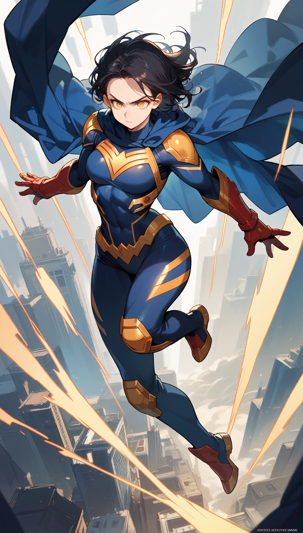 female, superhero, cape, armor, gauntlets, glowing lines on suit, muscular, full body suit, textured suit, flying, cinematic, yellow eyes, black hair