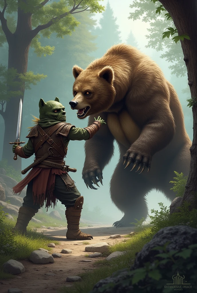 One bear teaming up with a goblin rogue with two short swords to fight a second bear. The goblin flanks the second bear while his ally bear holds the attention of the second bear