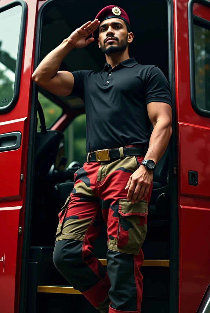 Malaysia guy age 2s. Handsome Man wear Blackshirt. Cargo pant orange firefighter jumpsuit wear tight in . Very muscle body. Standing on Firetruck. 