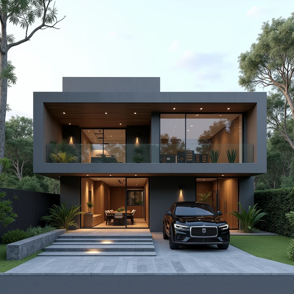 Exterior design , contemporary linear residence , Wood , glass and concrete , automobile, dark gray and lead color , in a gated community ,Northeast of Brazil , ultra realisitic , ultra-realistic render , 4 K ,