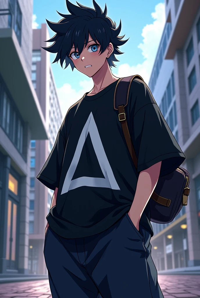 a jujutsu sorcerer anime with black curly hair, a black oversize tshirt with a white triangle pattern on it and baggy pants underneath a black school bag tan white 