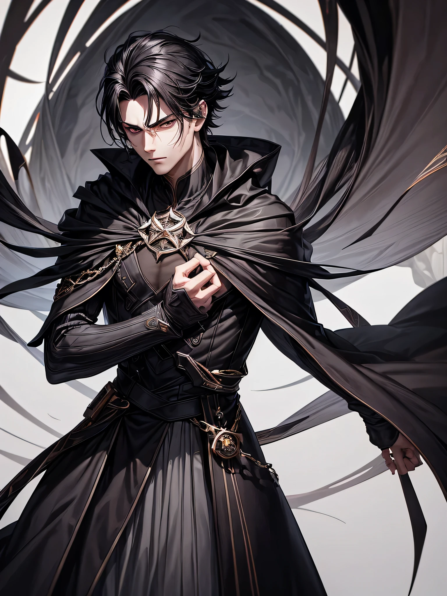 Create an image of Jendrel, a vampire. He is 188 cm tall with a lean and athletic build, dark black hair styled slightly tousled. Jendrel has a sharp jawline and deep, expressive light brown eyes that reflect both charisma and a hint of sadness, indicating his internal struggle. His eyes should appear melancholic behind his confident exterior. He wears elegant, mysterious black robes that highlight his refined fashion sense. Pose Jendrel in a chilling and relaxed manner, perhaps leaning against a surface or with a nonchalant stance.