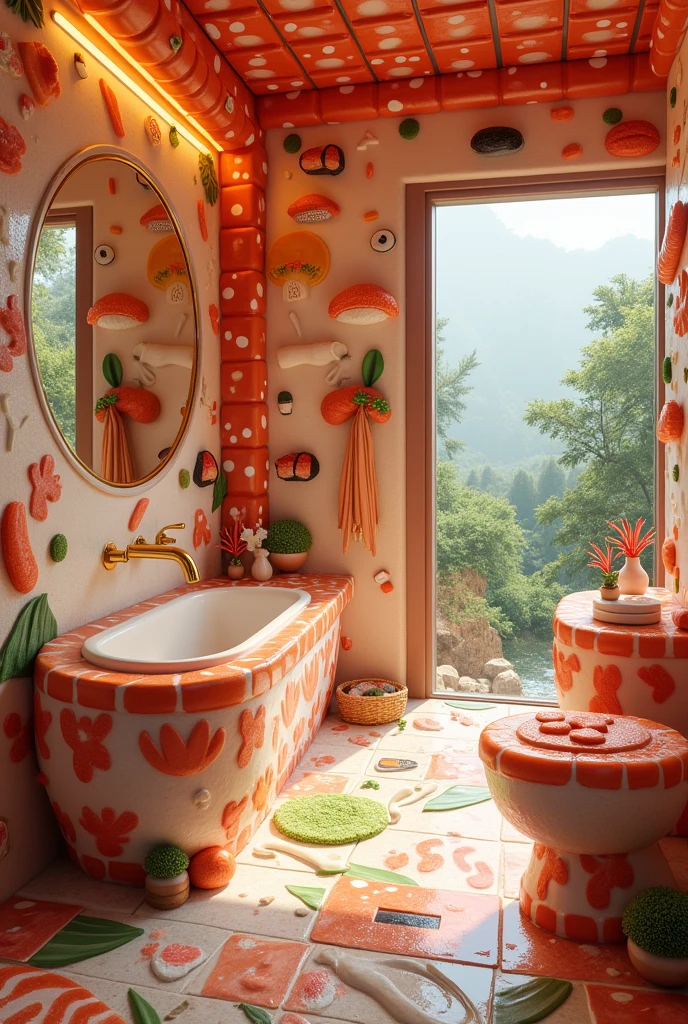 ((masterpiece, 8k, best quality, 8k, super realistic, high resolution:1.3)), fictional bathroom, bathroom made of sushi, bathroom made of cooked rice, bathroom made of seaweed, styled, Japanese, sushi world