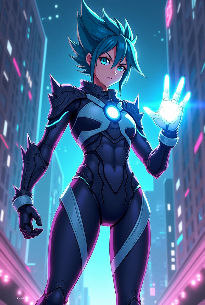 A dynamic image of an anime character with spiky blue hair, wearing a futuristic armor suit. They are standing in a powerful pose, with one hand glowing and emitting energy. The background is a cityscape at night, with neon lights reflecting off tall buildings. The character has sharp, determined eyes and a confident smirk. The design should have a vibrant, high-contrast color palette, using shades of blue, purple, and neon green to capture the essence of a sci-fi anime style."