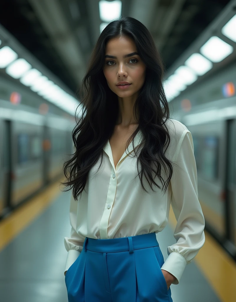 A handsome young Italian female model with long black hair 2, سینه ها برجسته، انحنای سینه مشخص، posing in a big modern subway station, vibrant blue pants, white silk shirt, fashion style, train in the background, (best quality, 4k, 8k, high , masterpiece: 1.2), super detailed, (realistic, photorealistic, photorealistic: 1.37), highly detailed portraits, dramatic lighting, cinematic composition, hyperrealistic, gloomy atmosphere, warm colors, Kodak film, camera Nikon Zfc, Sigma art 18mm. Hyperrealism