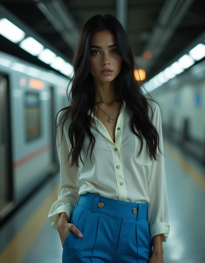 A young Italian female model with handsome long black hair 2, posing in a big modern subway station, vibrant blue pants, white silk shirt, fashion style, prominent big breasts, clear bust curve. Sexy, train in the background, (best quality, 4k, 8k, high, masterpiece: 1.2), super detailed, (realistic, photorealistic, photorealistic: 1.37), highly detailed portrait, dramatic lighting, cinematic composition , super realistic, gloomy atmosphere, warm colors, Kodak film, Nikon Zfc camera, Sigma art 18mm. Hyperrealism