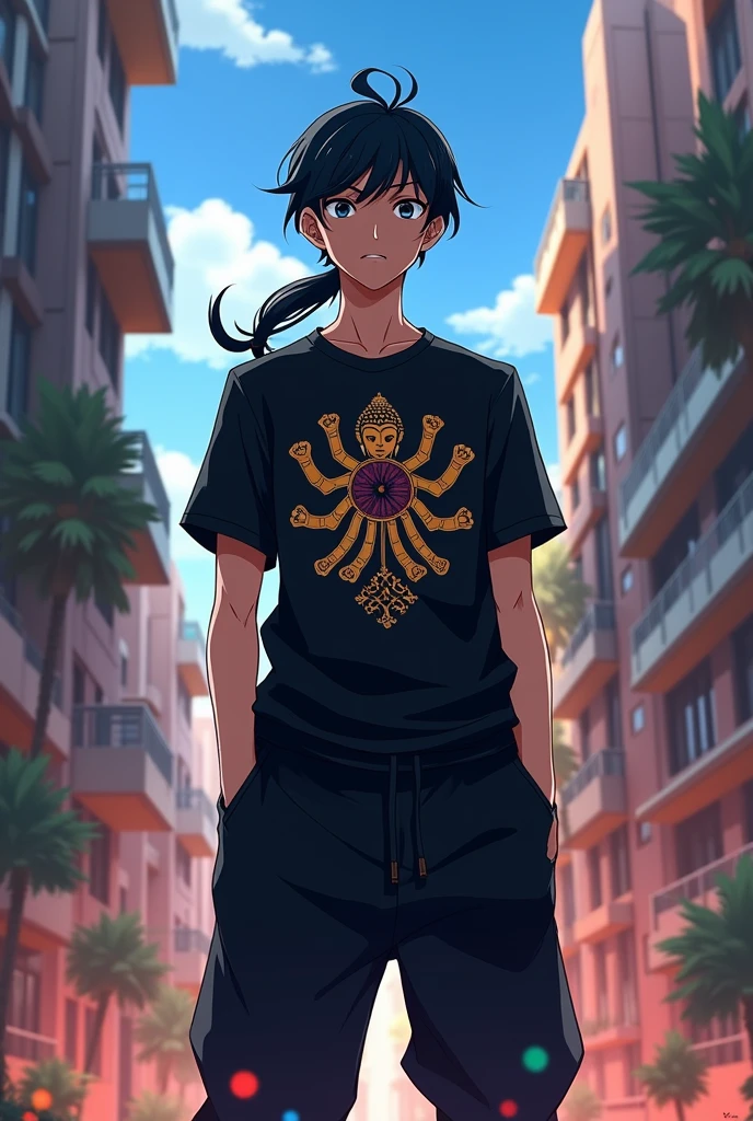 A 1 male anime character with Long hair tied back and magical powers who is a student at a modern-day wizarding school With baggy pants and a sweatshirt Black baggy pants and a black t-shirt with the 6 arms of Buddha on it