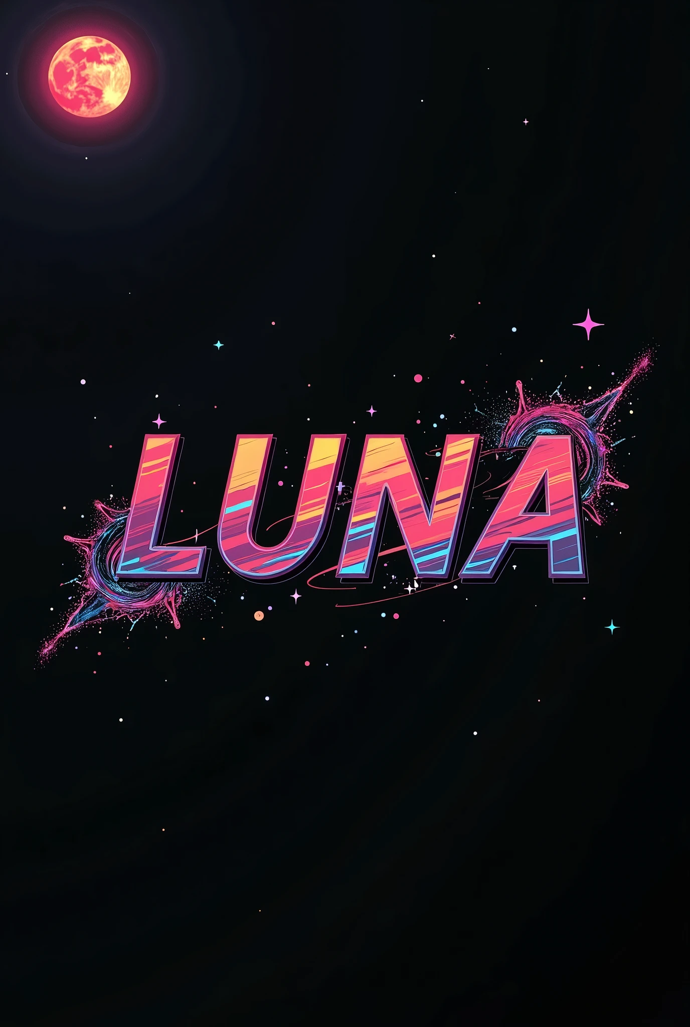 High resolution, logo spelling swiftly “Luna” cool, Jdm theme, anime theme, Cyberpunk vibe name spelling, brand logo, logo for tshirt, brand logo “LUNA”, neon vibes, acid trip vibes, acid trip, shooting stars, acid trip inside “LUNA”, acid trip, hallucinations inside “LUNA”, Waves of hallucinations, splash, waves of futuristic hallucinations, futuristic wave, stars in the background, red strange moon, waves of despair, black, futuristic splash, futures waves,