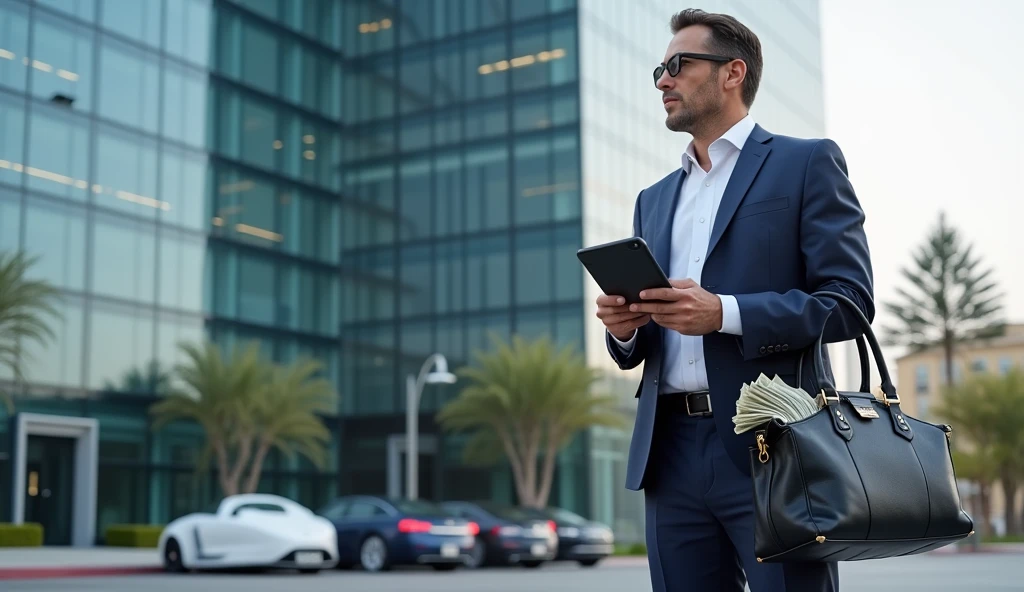 Tech billionaire in Silicon Valley: A tech magnate in a sleek designer suit stands in front of his ultra-modern Silicon Valley headquarters. He’s holding a tablet with stock market data and a briefcase overflowing with dollar bills, with luxury electric cars parked nearby.