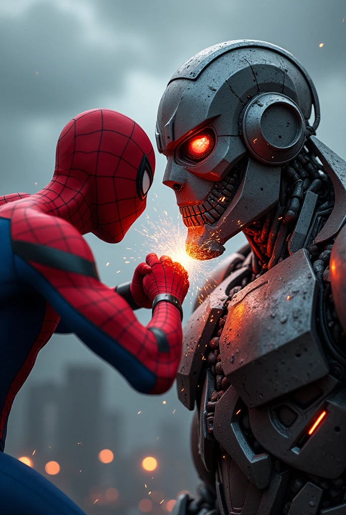 Capture a close-up, high-intensity action shot where Spider-Man delivers a powerful punch to the robot's face. Spider-Man's fist should be connecting with the robot's metallic jaw, with sparks flying from the impact. The robot's head is slightly tilted back from the force, its glowing red eyes flickering as it absorbs the blow. The robot remains consistent in design: massive, with bulky metallic gray armor, glowing red accents, and sharp-edged limbs. The background is blurred to focus on the action, with the dark stormy sky still visible in the distance."