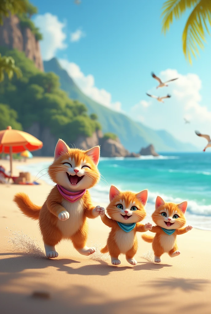 A cat family is on a vacation  in the sea