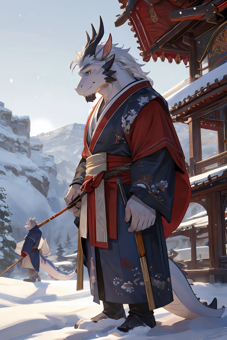 best quality，Ultra HD，Second Dimension，Close perspective，The most exquisite eyes［The most exquisite eyes：2.1］，Standing in the snow next to the pavilion in the snowy mountains，male，White Dragon，old，White Hair，The tail is white.，The body has black scales，There are two brown horns on the head，Gray Eyes，Black and red heavy ancient style Hanfu