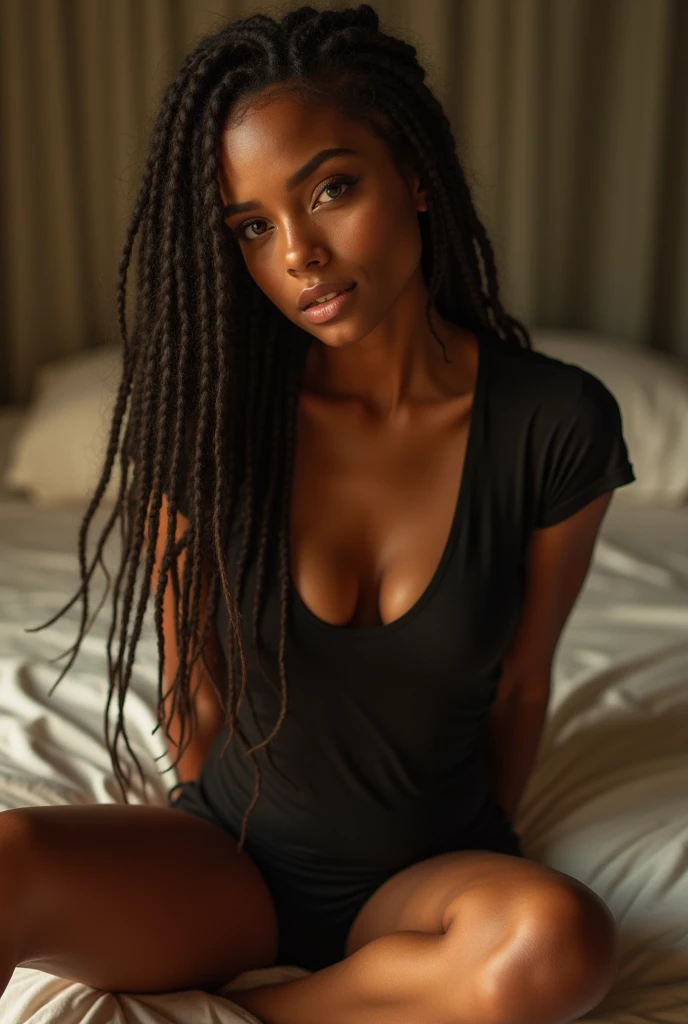 Photorealistic Beautiful light-black girl, mixed-race girl, lingerie, sitting on bed, high heels, brown skin, long dreadlocks, many small tattoos and piercings, cleavage, full-body portrait hyperrealism, bedroom, candles, character, chibi, real, art, blast, photography, beautiful, colorful, realistic, masterpieces, superior quality, best quality, official art, beautiful and aesthetic, amber eyes