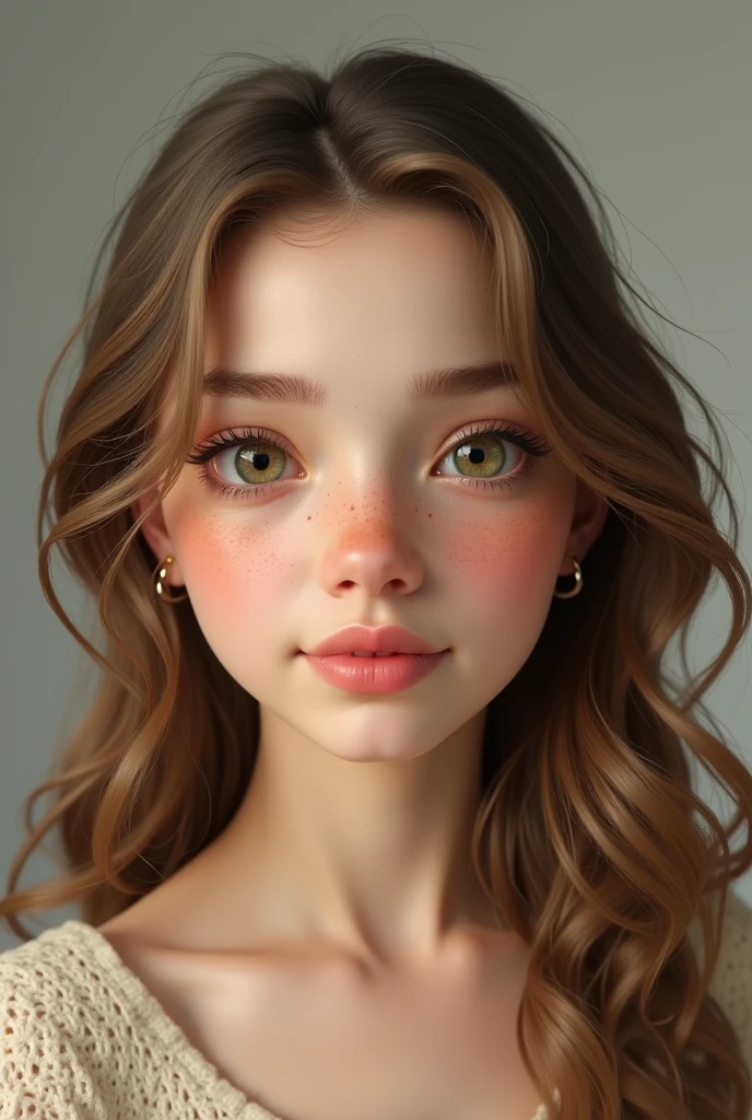 Woman with light skin tone with a slightly round and chubby face with pink highlights and few freckles below the eyes and nose, Natural lips a little pink, a small, profiled nose with a mole on the right cheek , Medium hazel eyes, green, long, curly eyelashes and thick eyebrows formed from the beginning, long light brown hair, Her body looks like a 1 ager.