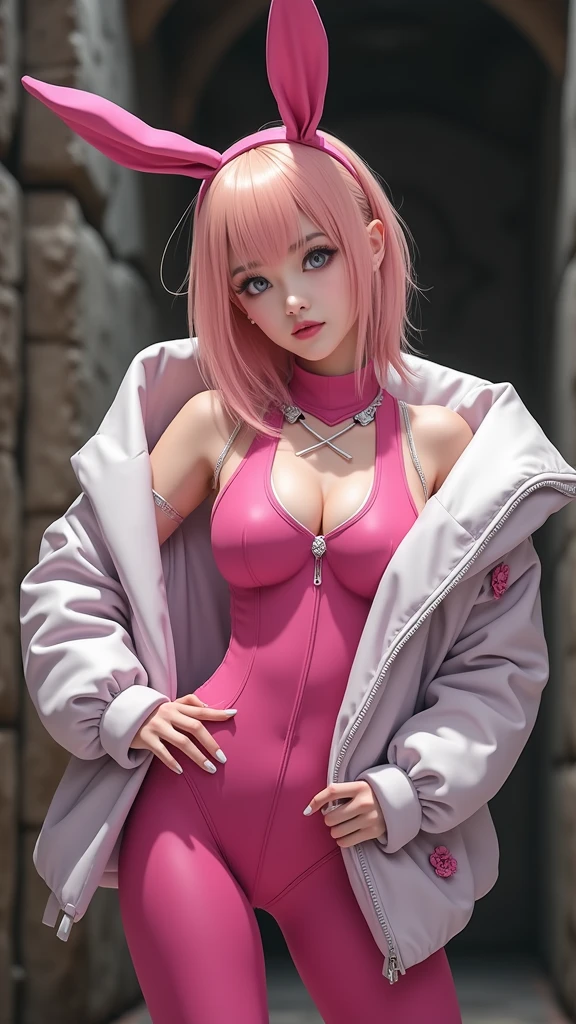 (Master Masterpiece: 1.2), Best Quality, High Resolution, Original, Ultra HD, Very Detailed Wallpaper, Perfect Lighting, Light White Blonde Pink Hair, (Very detailed CG: 1.2), ((bare pubic hair: 1.5)), no panties, ((transparent clothes: 1.2)), full body, pantyhose, no bra, photorealistic ((Cameltoe: 1.5)), 8k, perfect artwork, ultra-detailed rendering, highest quality, high resolution, detail maniac, realistic eyes, best quality, delicate face, detailed body limbs, 1 girl, solo, sleeveless clothes, sleeveless shirts, fishnet clothes, dark lips, Unzipped jacket, bare breasts, blush, highlight, superb breasts, superb figure, flesh, tinted, transparent clothes, skinny, open pants, slim,