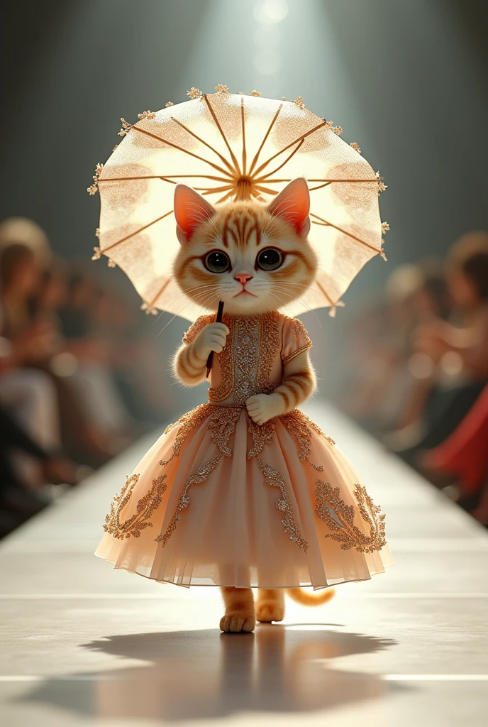 (photorealism:1.2), cute cat wearing ballgown and umbrella walking on the runway