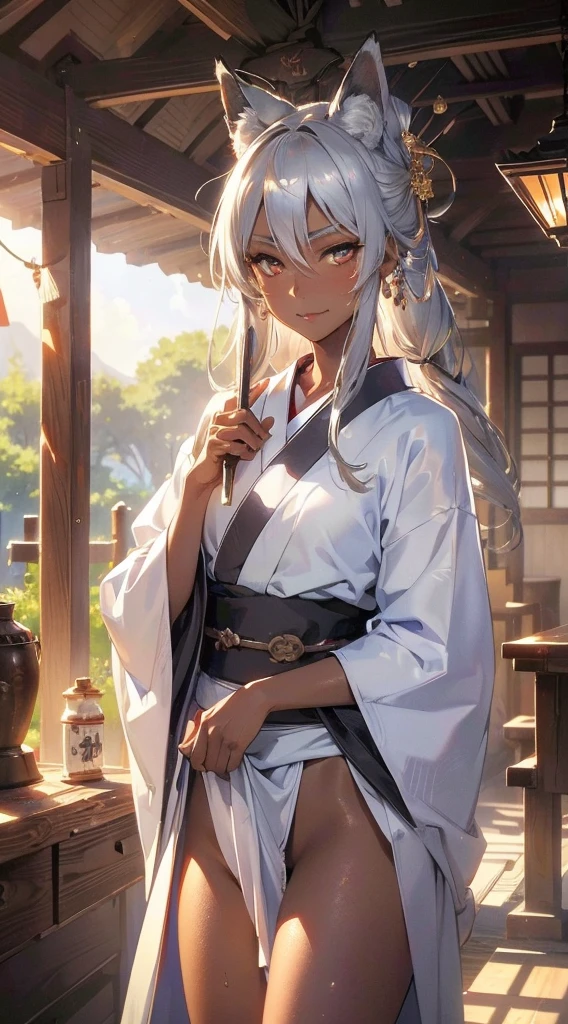 (dark skin,Silver Hair,Fox Girl),(Perfectly detailed face),(Young) ,((kimono)),((loincloth)),shrine,noon,sweaty,Smirk,High resolution, masterpiece, Highest quality, High resolution, Cowboy Shot