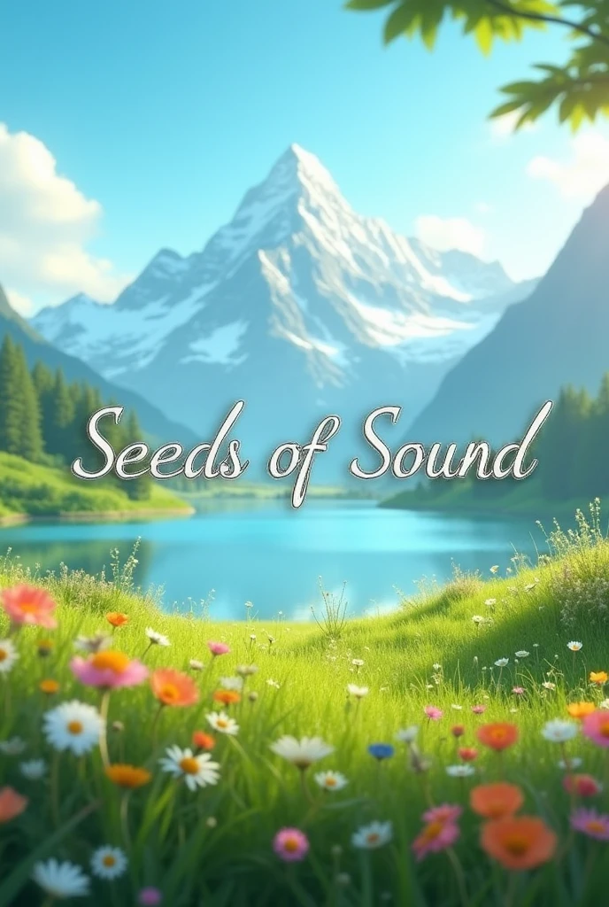 Create a landscape image to match the seeds of sound logo picture. Make the dimensions 2560 width x 1440 height pixles for a youtube banner. Have text written across the image stating “Seeds of Sound”