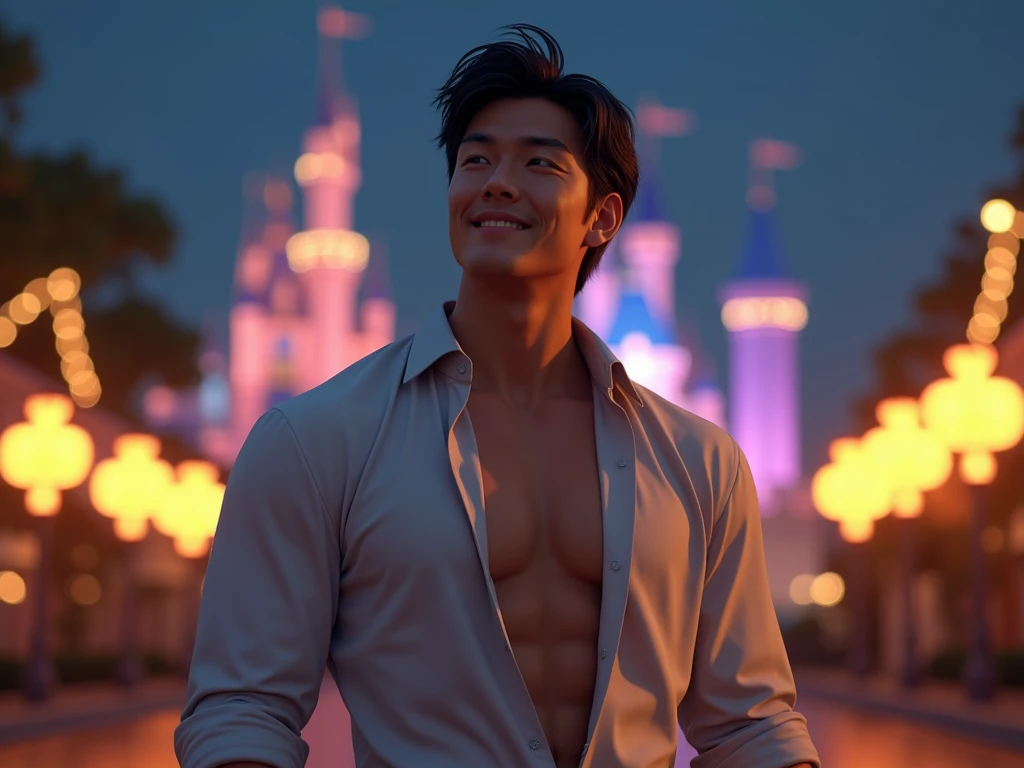 Japanese,25-30 years old, Handsome and elegant, wearing sexy shirt , Masculine and handsome,muscular,Muscles look good, fair skin, black eyes(thin eyes 1:3), Full body image,(Super detailed, Realistic, best quality, 4K, 8k, High resolution, masterpiece:1.3), Unbutton your shirt, The background is Disneyland,night,he is very happy