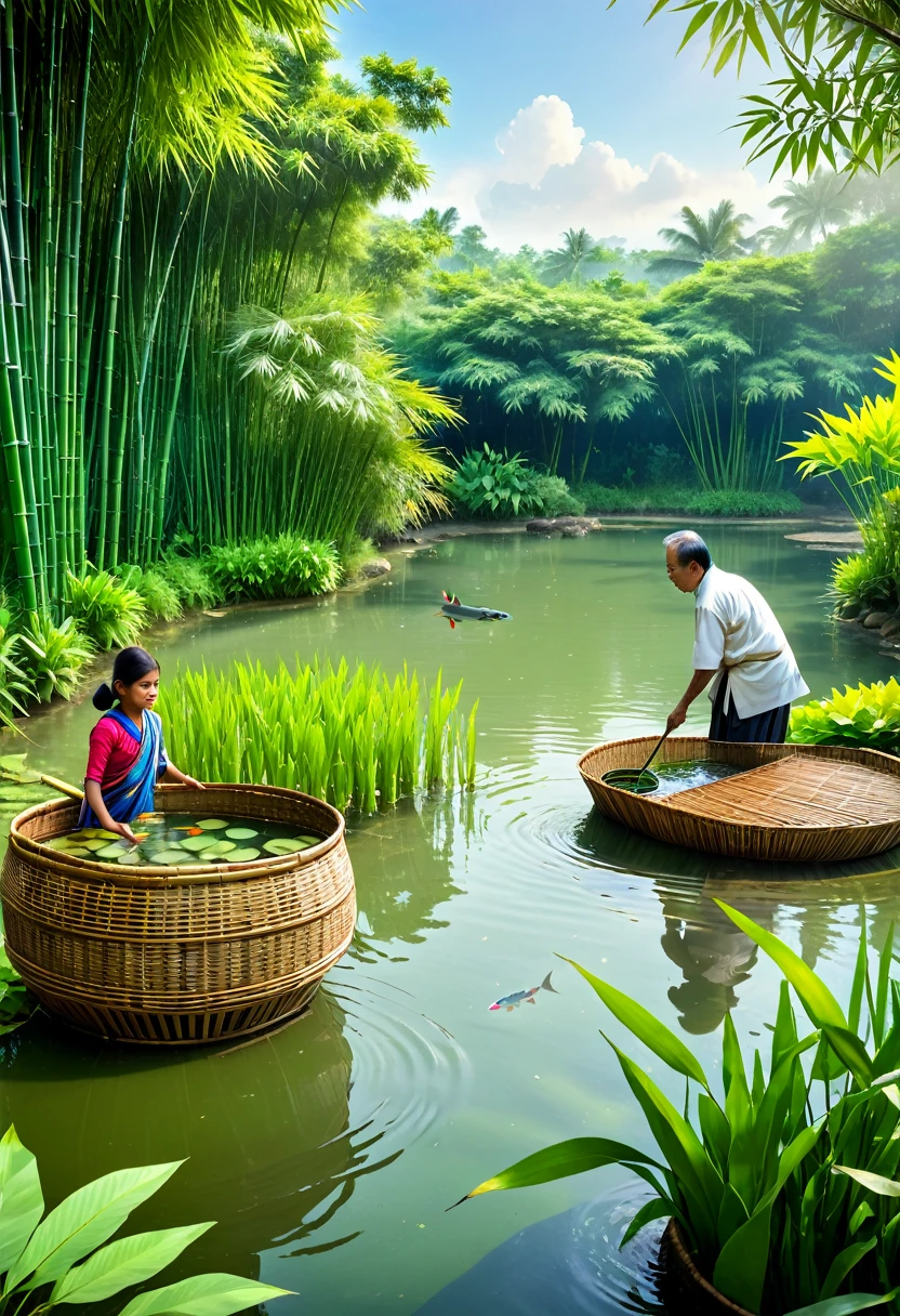 Morning at the Fish Pond Image Description: A wide fish pond with calm, clear water surrounded by green trees. In the distance, Mr. Darma stands at the edge of the pond with a bamboo basket in his hand, ready to start the day. Beside him, Sari, his eldest daughter, is carefully counting the fish catch with a serious but enthusiastic expression