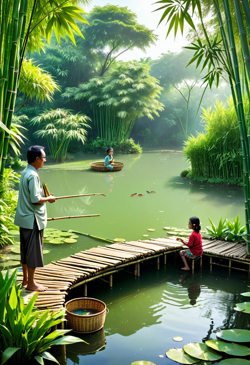 Morning at the Fish Pond Image Description: A wide fish pond with calm, clear water surrounded by green trees. In the distance, Mr. Darma stands at the edge of the pond with a bamboo basket in his hand, ready to start the day. Beside him, Sari, his eldest daughter, is carefully counting the fish catch with a serious but enthusiastic expression