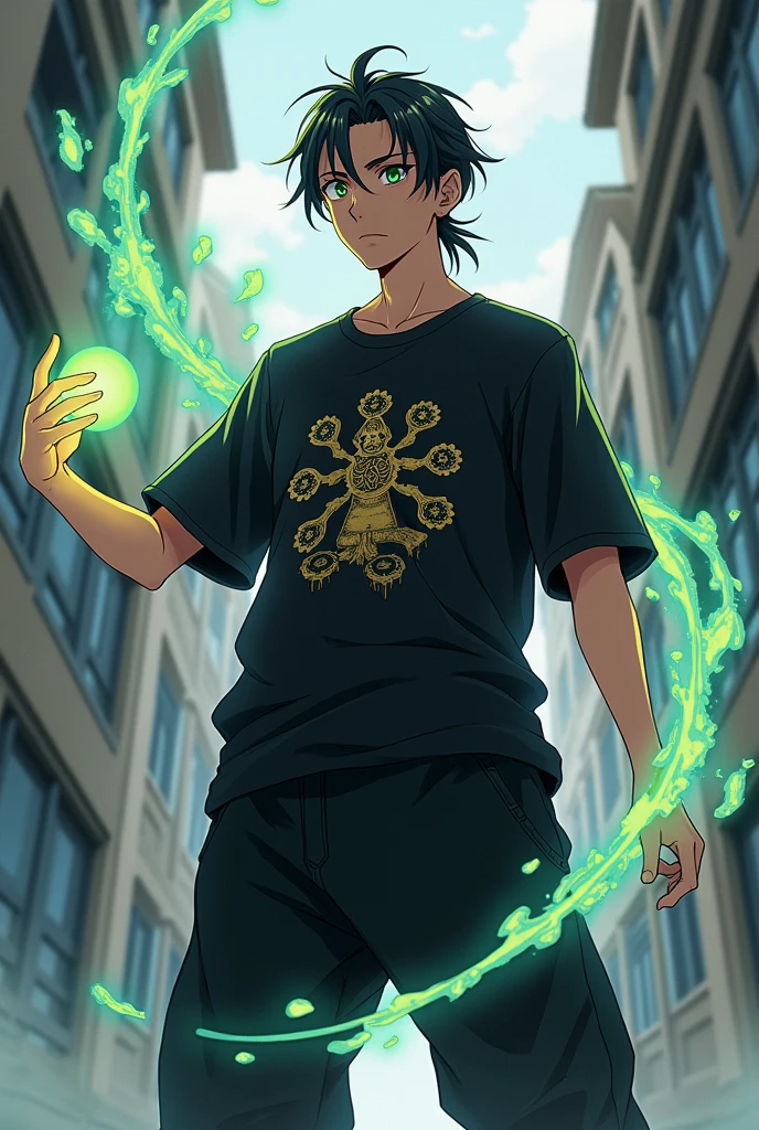 A 1 male anime character with  hair tied back and magical powers who is a student at a modern-day wizarding school With baggy pants and a sweatshirt Black baggy pants and a black t-shirt with the 6 arms of Buddha on it