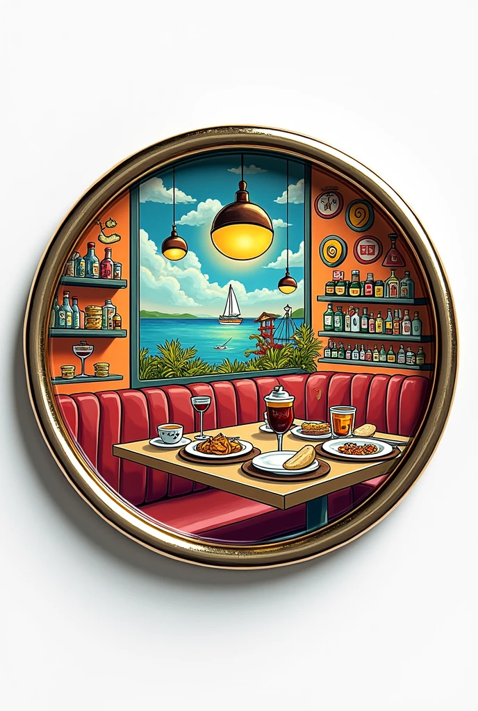 Create a round metallic pin with colorful restaurant-themed artwork in the center of the pin only