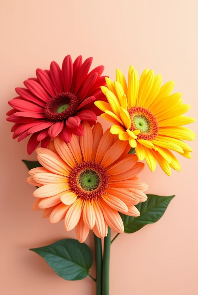 A bouquet of three gerberas , with the small letter R in the middle of the image 