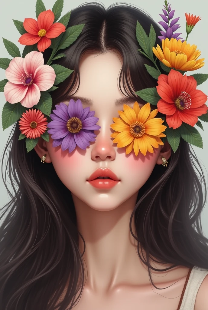 Beutyful Girl Her eye should be funny covered with flowers and her lip and nose only visible her hair should be long
