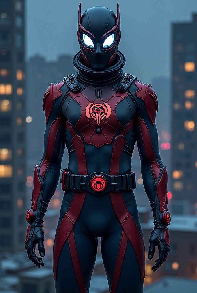 In comic book style, Nightwatcher to nastoletni superbohater o niezwykle intrygującym wyglądzie. His costume is made of flexible spandex and nanomaterials., which gives it both flexibility, as well as protection. The dominant colors in the outfit are dark gray., czerwony i granatowy, which create a strong contrast and give it a menacing look, but dynamic character. Nosi zaawansowany technologicznie hełm o aerodynamicznym kształcie. Its surface has integrated white bionic sharp owl-style eyes. There is a unique emblem on the chest, which is inspired by four animals: węgorzem, a spider, snow leopard and owl. His hands, łokcie, the shoulders and waist are decorated with round emblems. The whole costume has an eel-style pattern, snow leopard and spider. He stands in a dynamic pose on the roof of a building at night.. 
