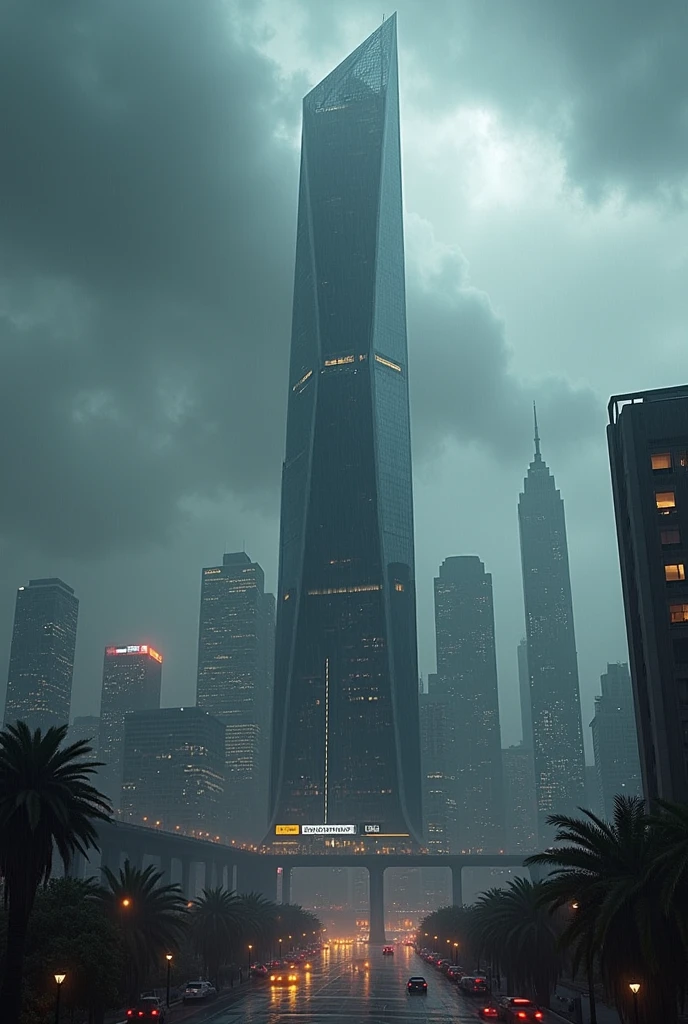 San Francisco city with, extra modern skyscraper and in the middle of one big skyscraper, sky is full of black clouds raining,
Beautiful scenery