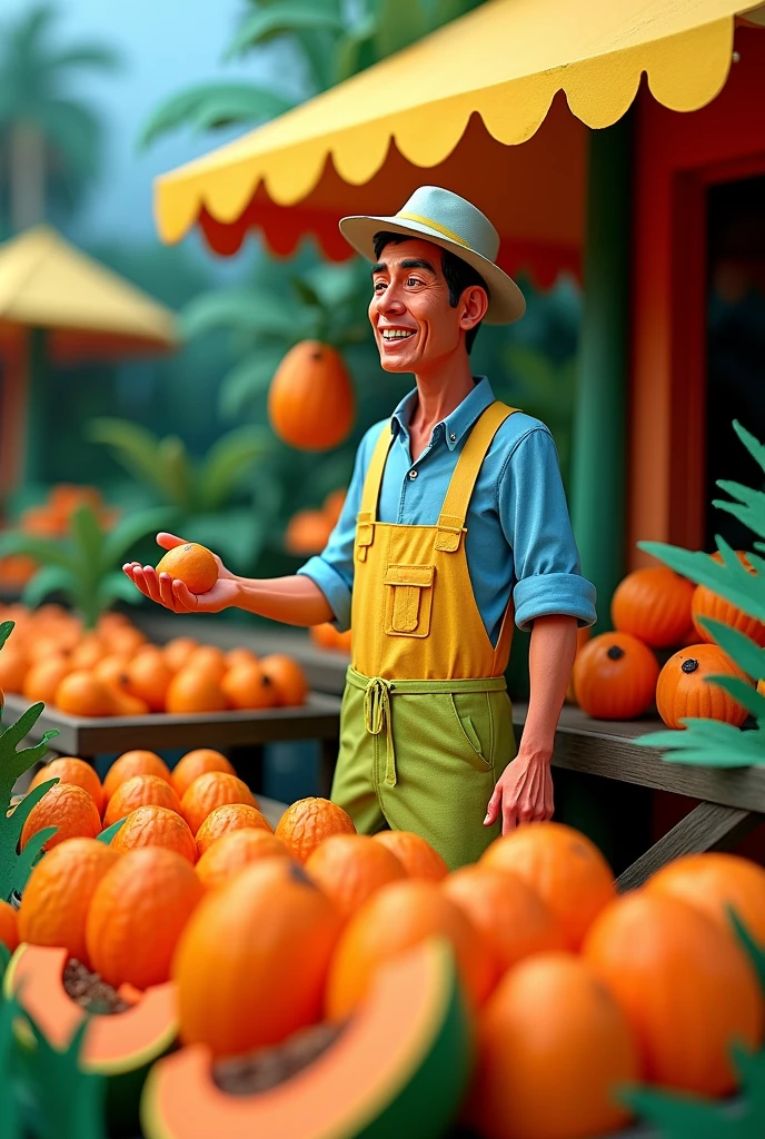 a man selling papayas,  masterpiece, all in three dimensional paper art、(Almond Shapes);1.9、(Three-dimensional paper-cut art.、colorful):1.9
