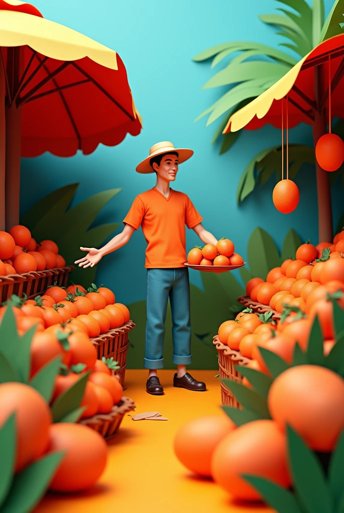 a man selling papayas, masterpiece, all in three dimensional paper art、(Almond Shapes);1.9、(Three-dimensional paper-cut art.、colorful):1.9