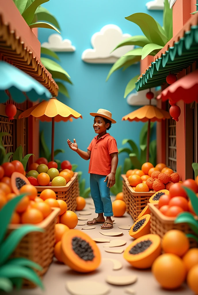 a man selling papayas, masterpiece, all in three dimensional paper art、(Almond Shapes);1.9、(Three-dimensional paper-cut art.、colorful):1.9